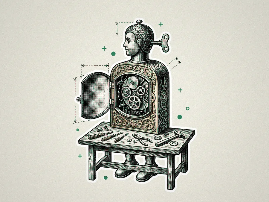 A halftone illustration of a clockwork automaton standing on a workbench with its chest panel open to reveal the gears inside, a wind-up key in its head, and tools scattered around the table.