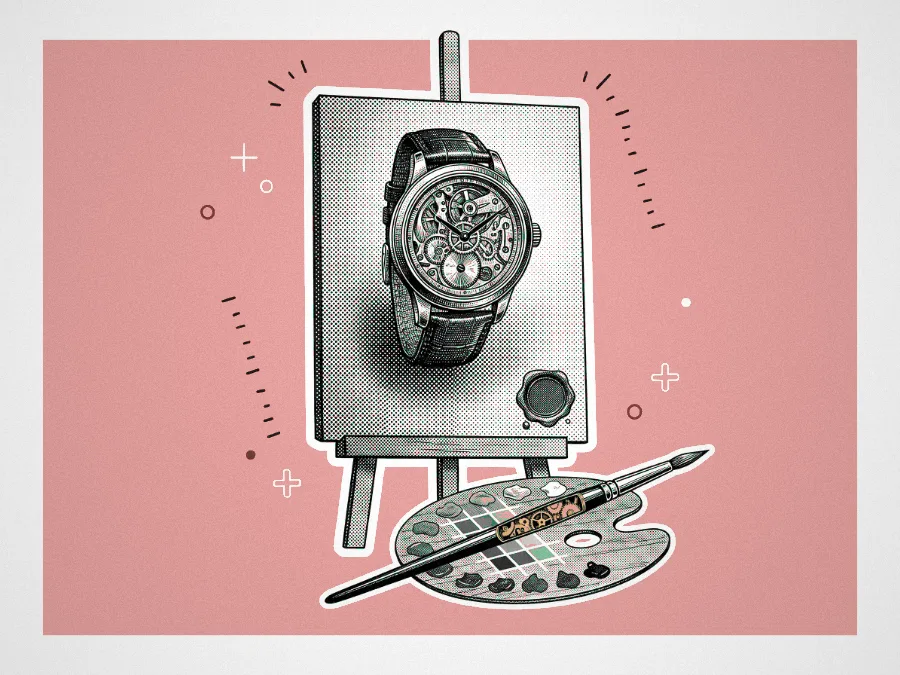 A halftone illustration of a watch with its mechanism exposed sitting on an easel, with a paintbrush resting on a paint palette in the foreground.